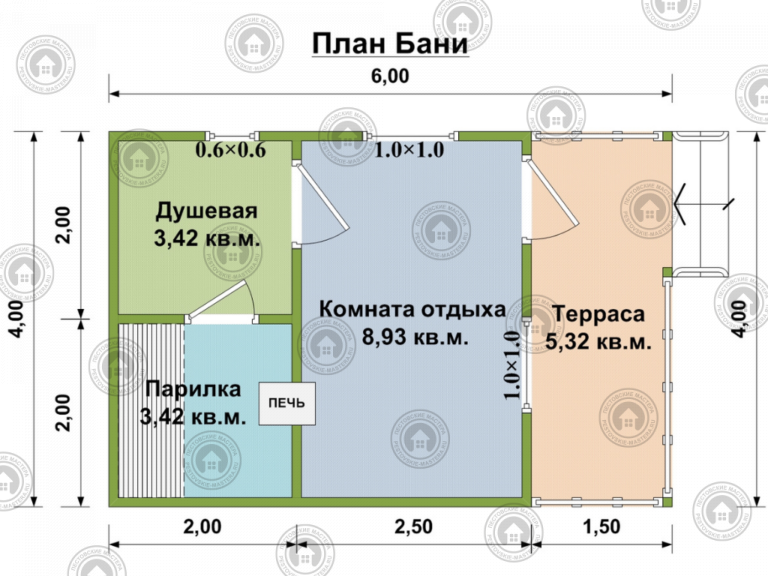 план бани из бруса 6*4 с террасой